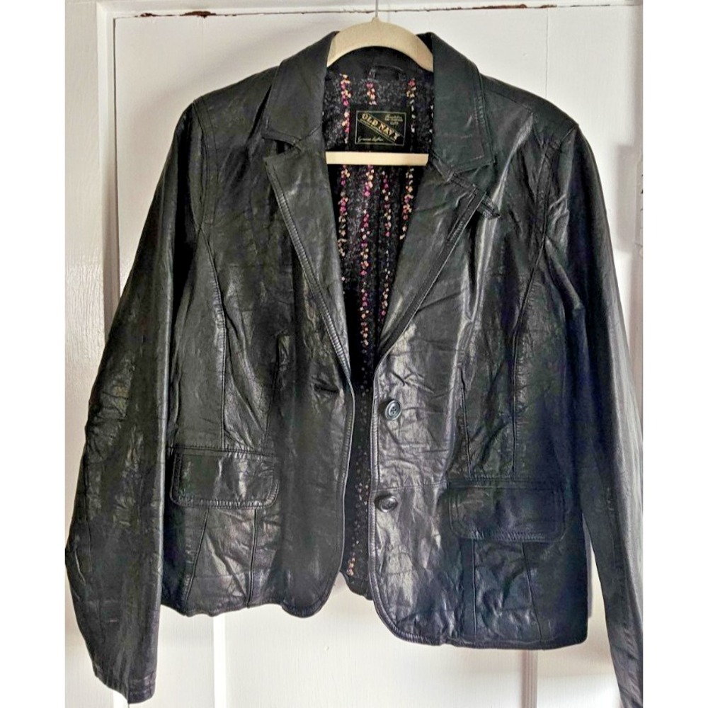 Vintage OLD NAVY genuine leather floral print lined blazer woman Sz L